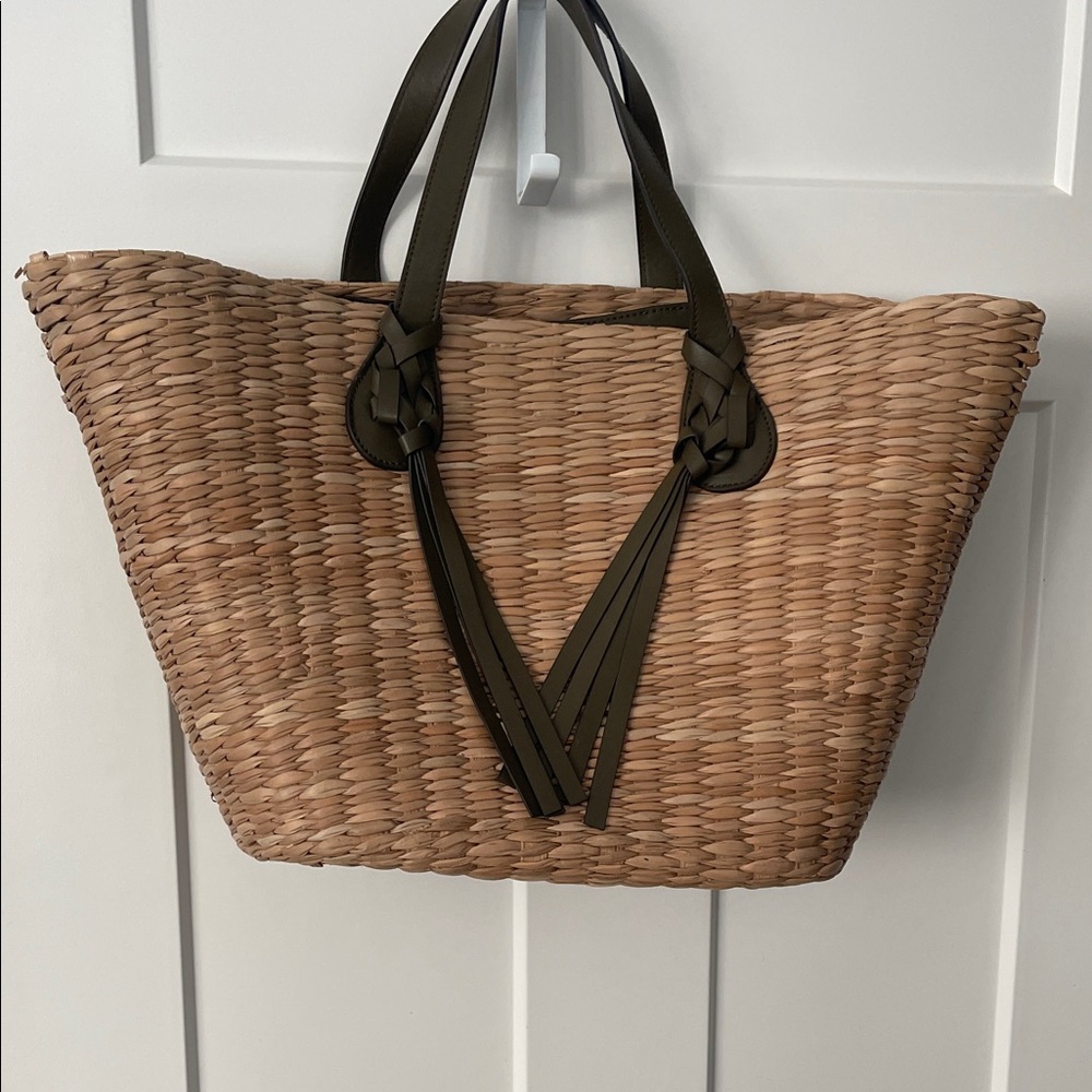 Ulla Johnson Woven Tote with Dark Green Leather Accents